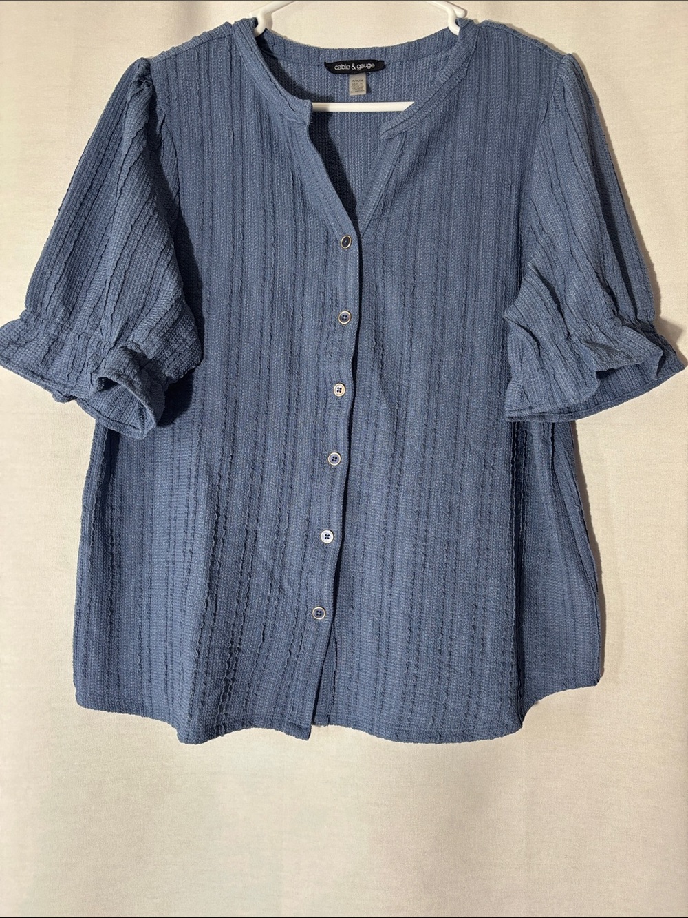 Cable & Gauge Dusty Blue Button-Front Textured Puff Sleeve Top